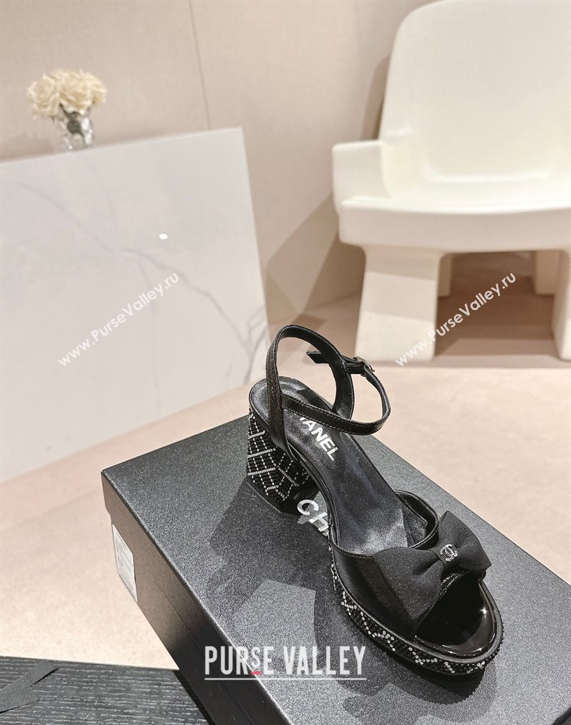 Chanel Calfskin Heel Sandals 7.5cm with Bow and Quilted Strass Black 2024 0603 (MD-240603032)