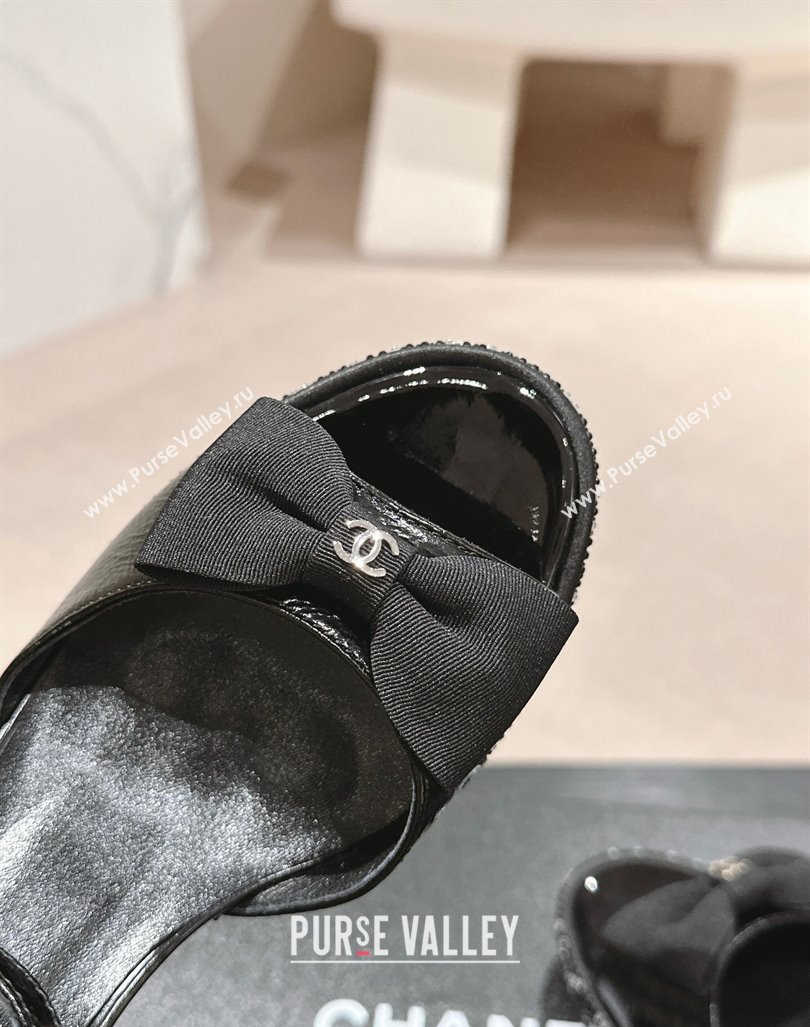 Chanel Calfskin Heel Sandals 7.5cm with Bow and Quilted Strass Black 2024 0603 (MD-240603032)