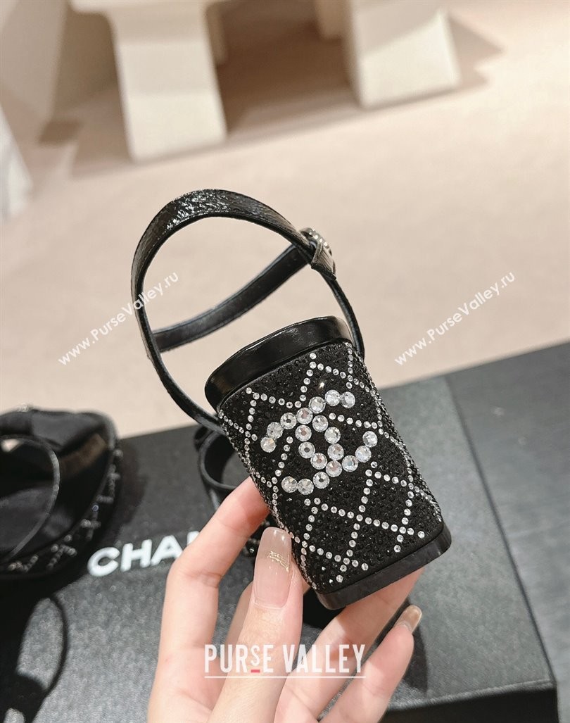 Chanel Calfskin Heel Sandals 7.5cm with Bow and Quilted Strass Black 2024 0603 (MD-240603032)