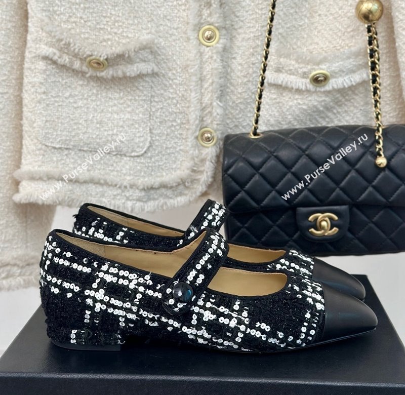 Chanel Tweed Mary Janes Ballet Flat with Pointed Toe Black/Sequins 2024 0603 (MD-240603144)