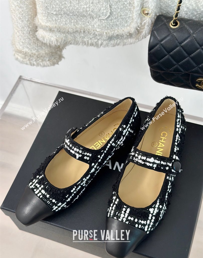 Chanel Tweed Mary Janes Ballet Flat with Pointed Toe Black/Sequins 2024 0603 (MD-240603144)