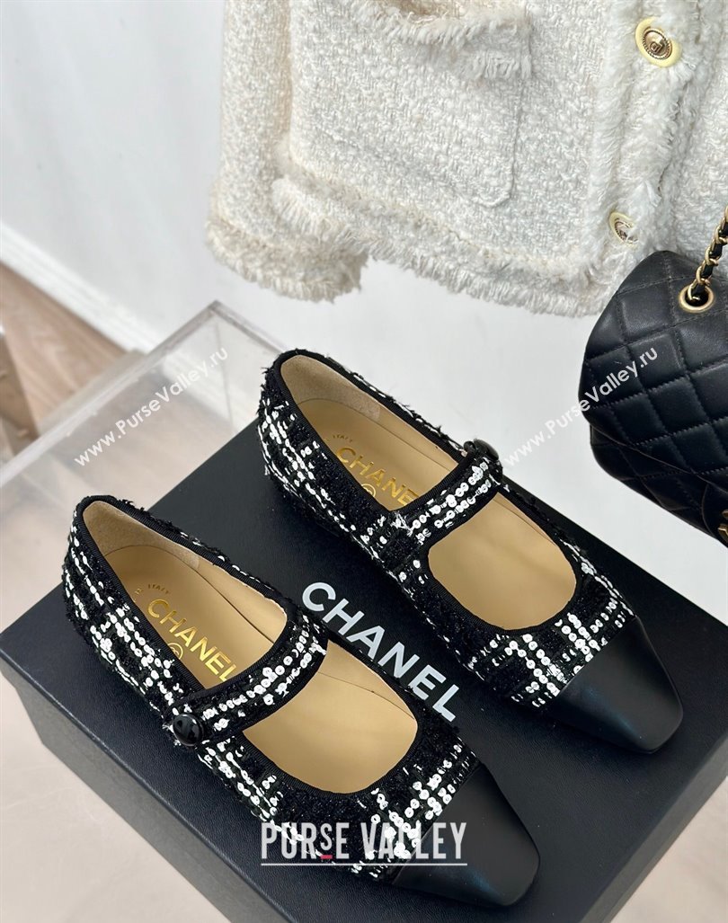 Chanel Tweed Mary Janes Ballet Flat with Pointed Toe Black/Sequins 2024 0603 (MD-240603144)