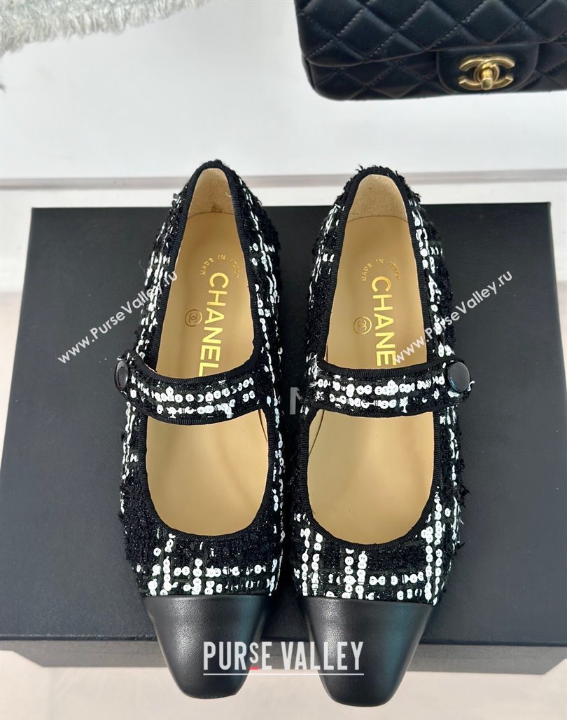 Chanel Tweed Mary Janes Ballet Flat with Pointed Toe Black/Sequins 2024 0603 (MD-240603144)