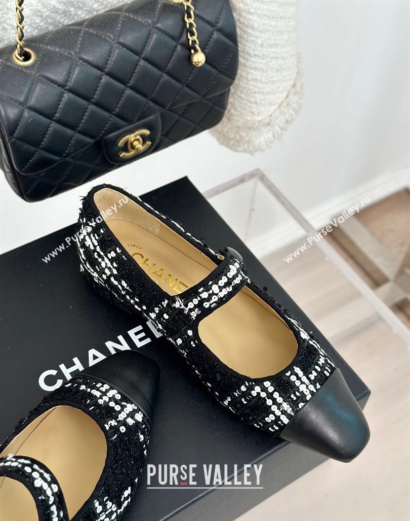 Chanel Tweed Mary Janes Ballet Flat with Pointed Toe Black/Sequins 2024 0603 (MD-240603144)