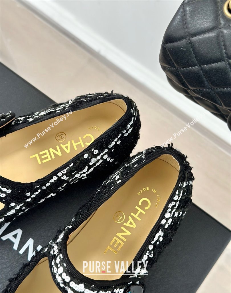 Chanel Tweed Mary Janes Ballet Flat with Pointed Toe Black/Sequins 2024 0603 (MD-240603144)