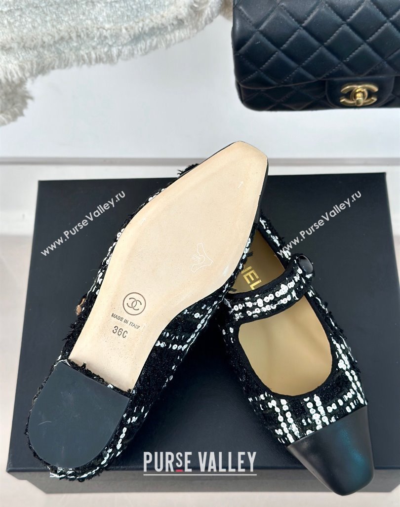 Chanel Tweed Mary Janes Ballet Flat with Pointed Toe Black/Sequins 2024 0603 (MD-240603144)