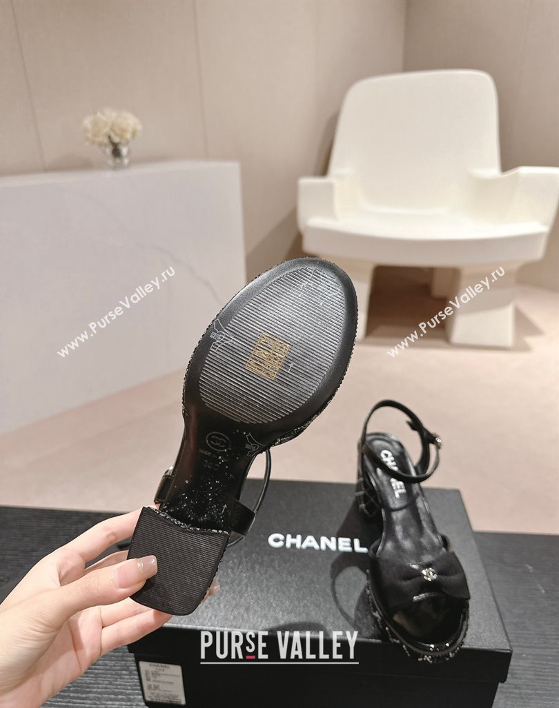 Chanel Calfskin Heel Sandals 7.5cm with Bow and Quilted Strass Black 2024 0603 (MD-240603032)