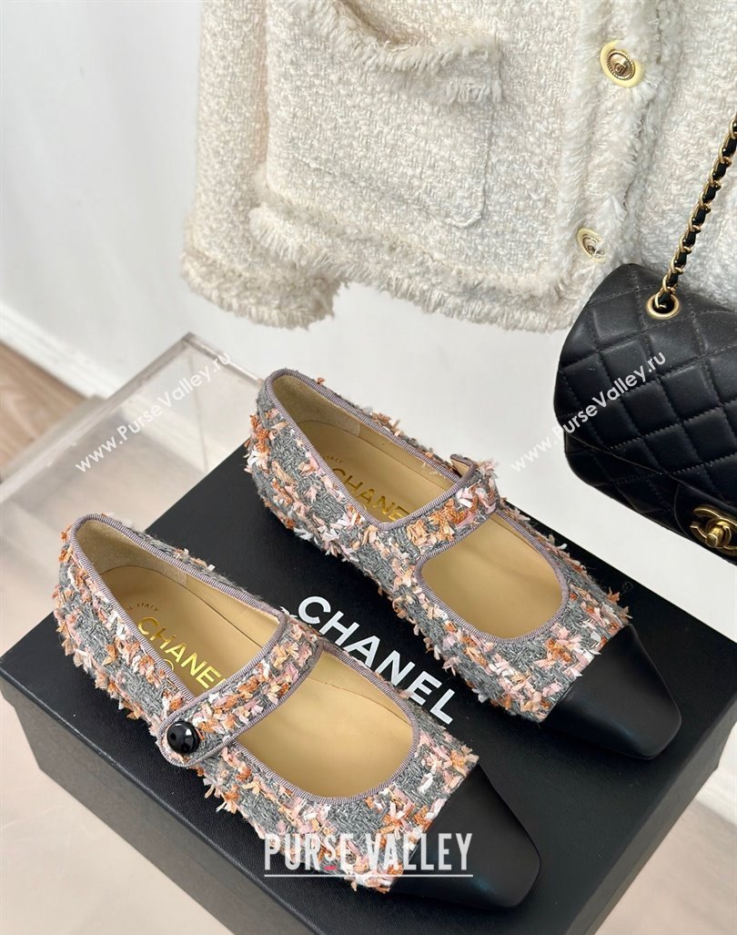 Chanel Tweed Mary Janes Ballet Flat with Pointed Toe Grey/Pink/Black 2024 0603 (MD-240603145)