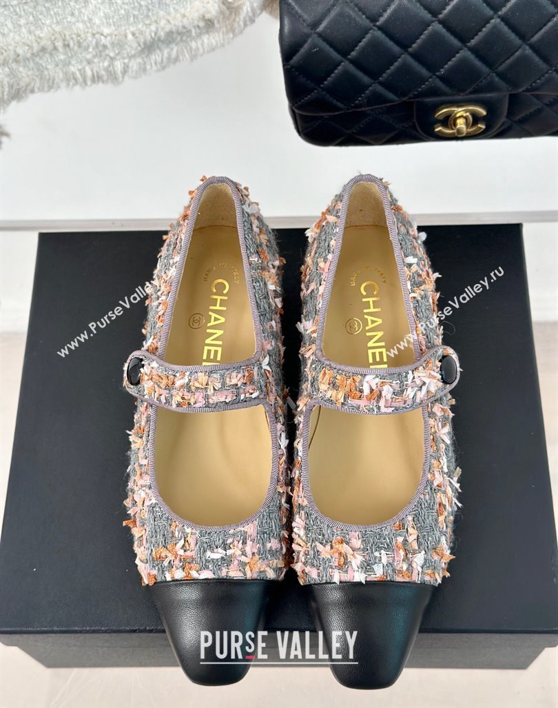 Chanel Tweed Mary Janes Ballet Flat with Pointed Toe Grey/Pink/Black 2024 0603 (MD-240603145)