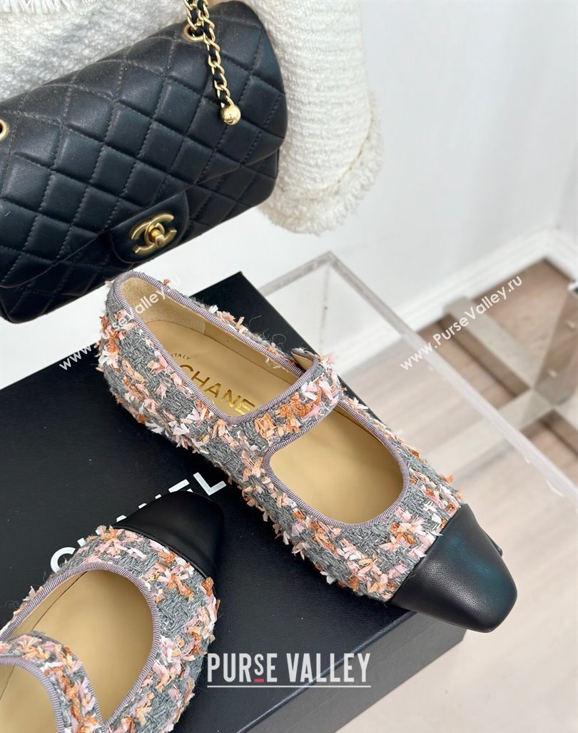 Chanel Tweed Mary Janes Ballet Flat with Pointed Toe Grey/Pink/Black 2024 0603 (MD-240603145)