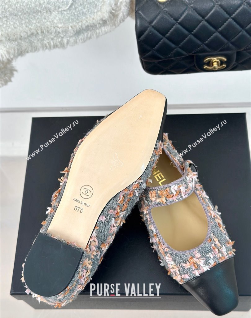 Chanel Tweed Mary Janes Ballet Flat with Pointed Toe Grey/Pink/Black 2024 0603 (MD-240603145)