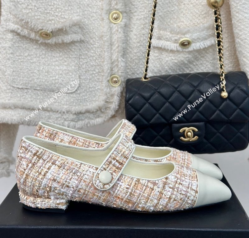 Chanel Tweed Mary Janes Ballet Flat with Pointed Toe Pink/Beige/White 2024 0603 (MD-240603146)