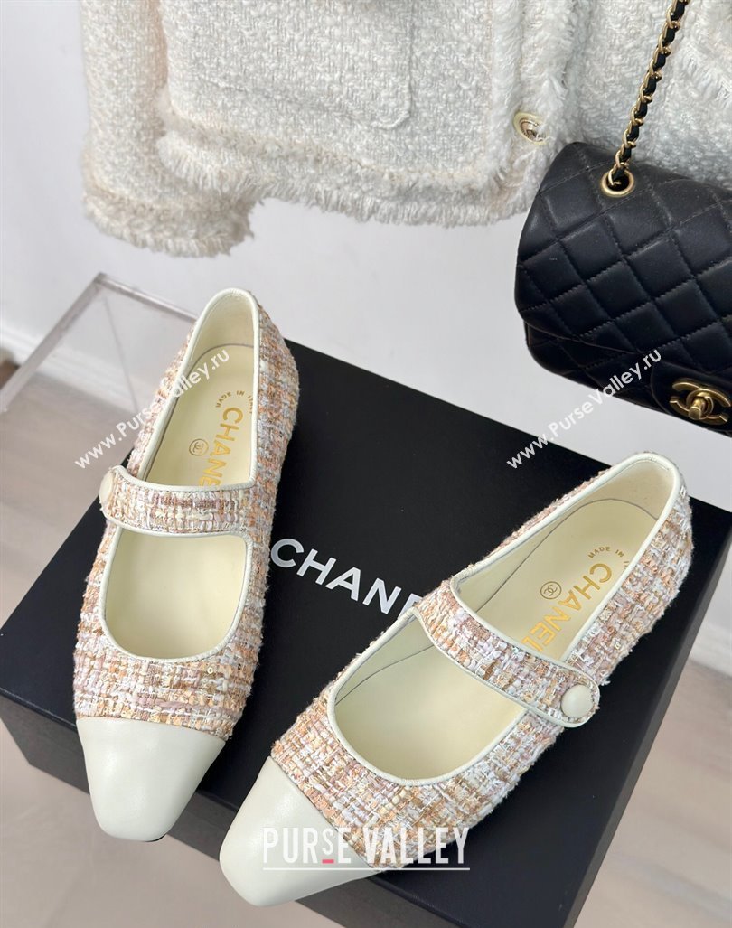 Chanel Tweed Mary Janes Ballet Flat with Pointed Toe Pink/Beige/White 2024 0603 (MD-240603146)