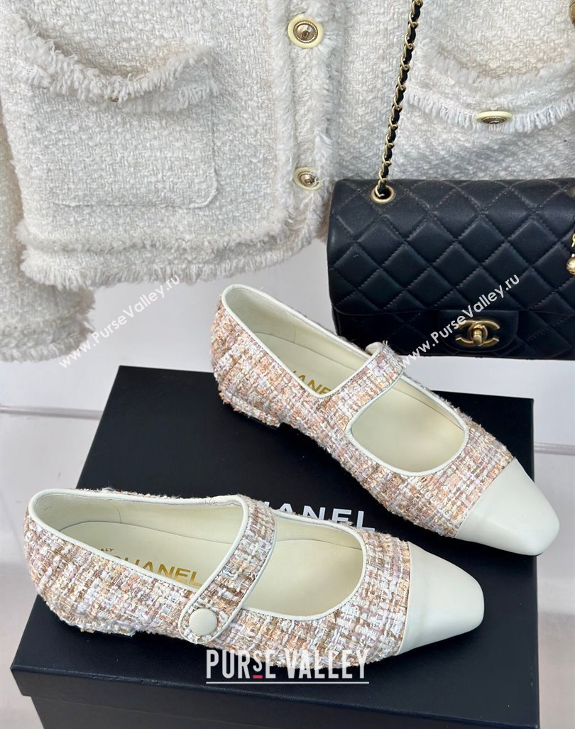 Chanel Tweed Mary Janes Ballet Flat with Pointed Toe Pink/Beige/White 2024 0603 (MD-240603146)