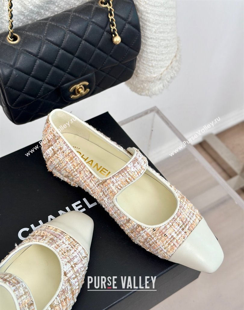 Chanel Tweed Mary Janes Ballet Flat with Pointed Toe Pink/Beige/White 2024 0603 (MD-240603146)