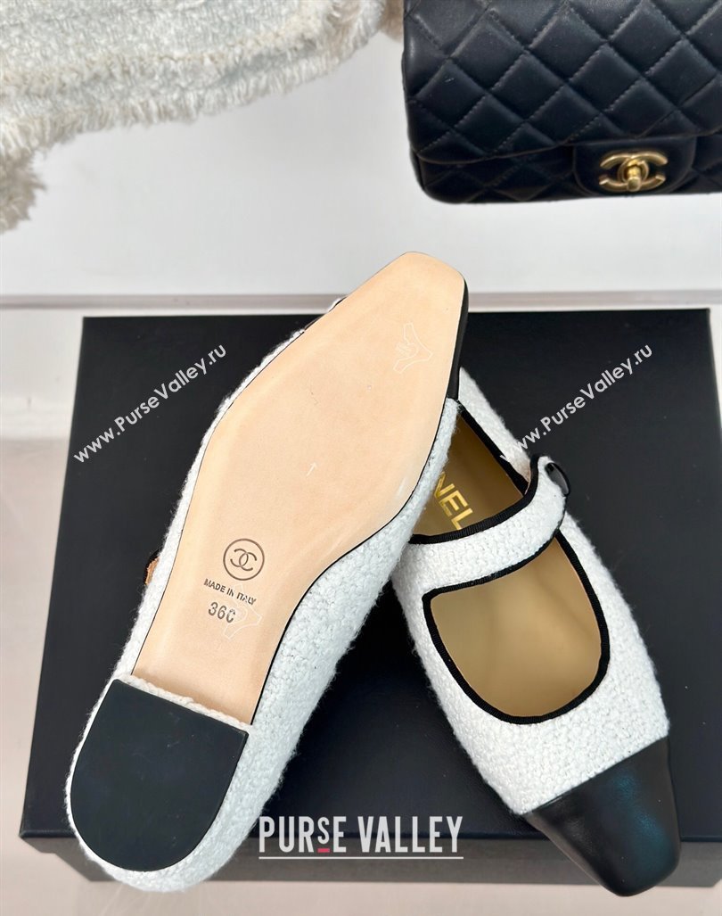 Chanel Tweed Mary Janes Ballet Flat with Pointed Toe White/Black 2024 0603 (MD-240603148)