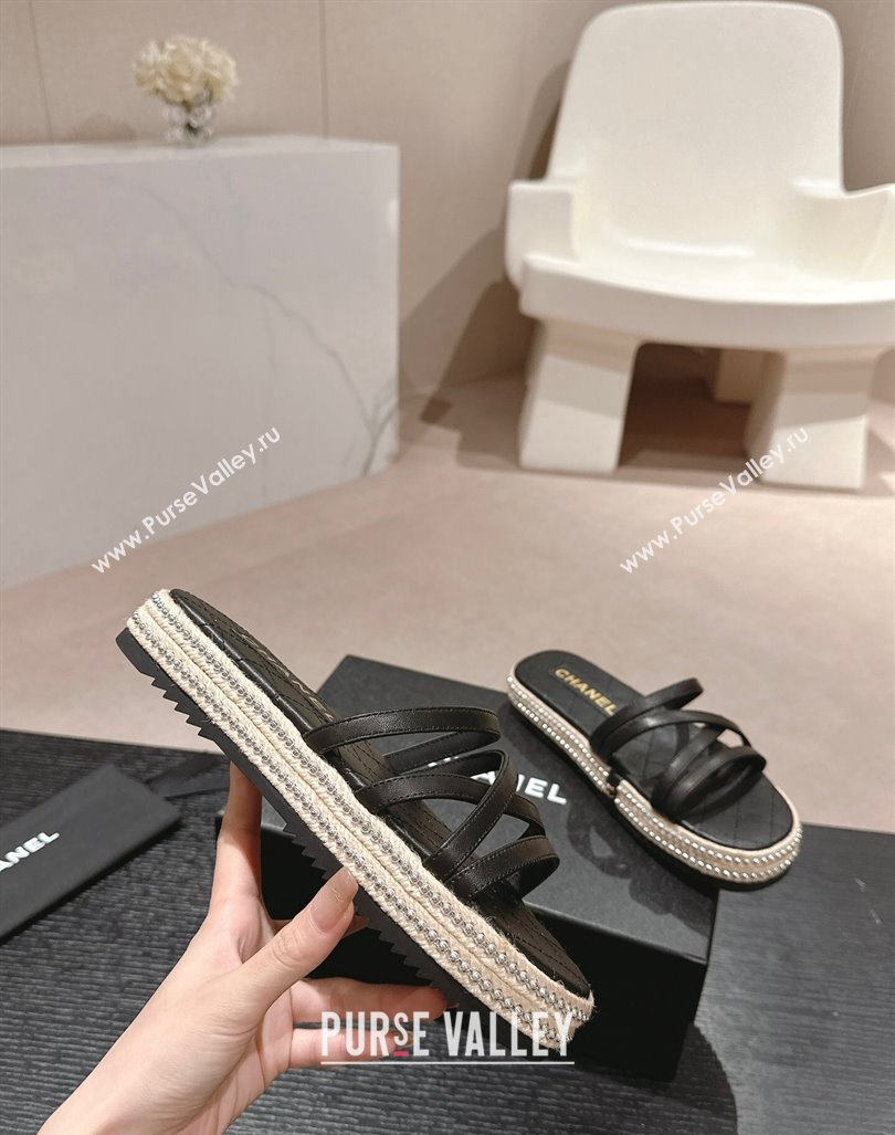 Chanel Calfskin Espadrille Flat Slide Sandals with Studs Chain Black 2024 (MD-240603021)