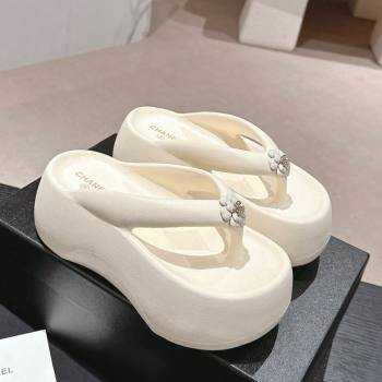 Chanel Rubber Platform Slide Thong Sandals 4cm with Bloom Cream White 2024 070301 (MD-240603152)
