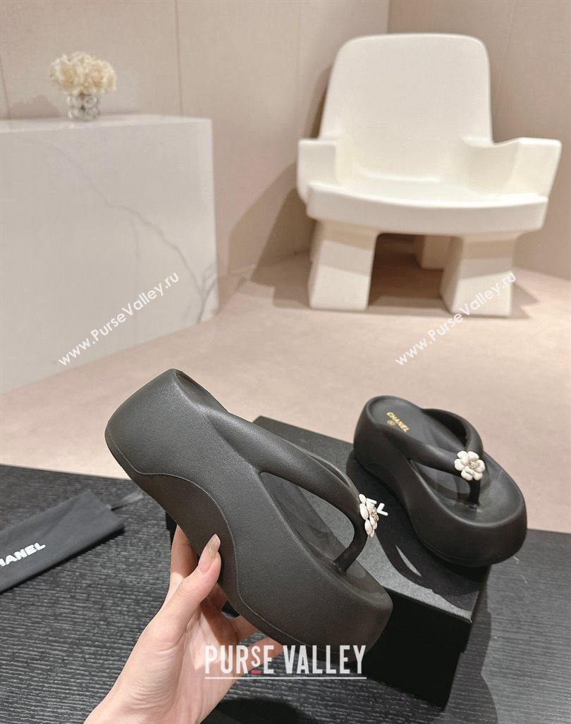 Chanel Rubber Platform Slide Thong Sandals 4cm with Bloom Black 2024 070301 (MD-240603153)