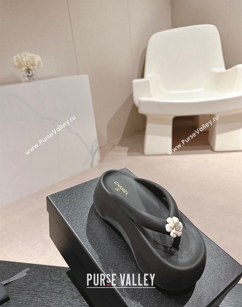 Chanel Rubber Platform Slide Thong Sandals 4cm with Bloom Black 2024 070301 (MD-240603153)