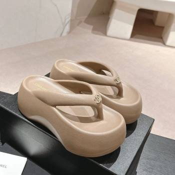 Chanel Rubber Platform Slide Thong Sandals 4cm with CC Khaki 2024 070301 (MD-240603156)