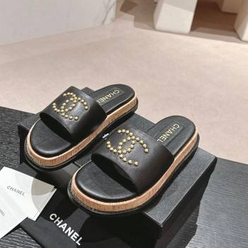 Chanel Calfskin Flat Slide Sandals with Studs CC Black 2024 0603 (MD-240603159)