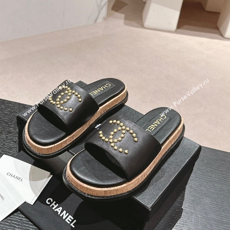 Chanel Calfskin Flat Slide Sandals with Studs CC Black 2024 0603 (MD-240603159)