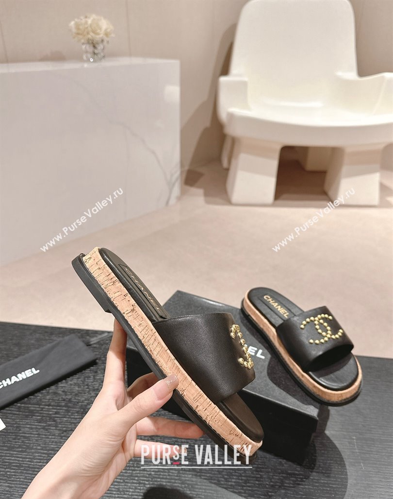 Chanel Calfskin Flat Slide Sandals with Studs CC Black 2024 0603 (MD-240603159)