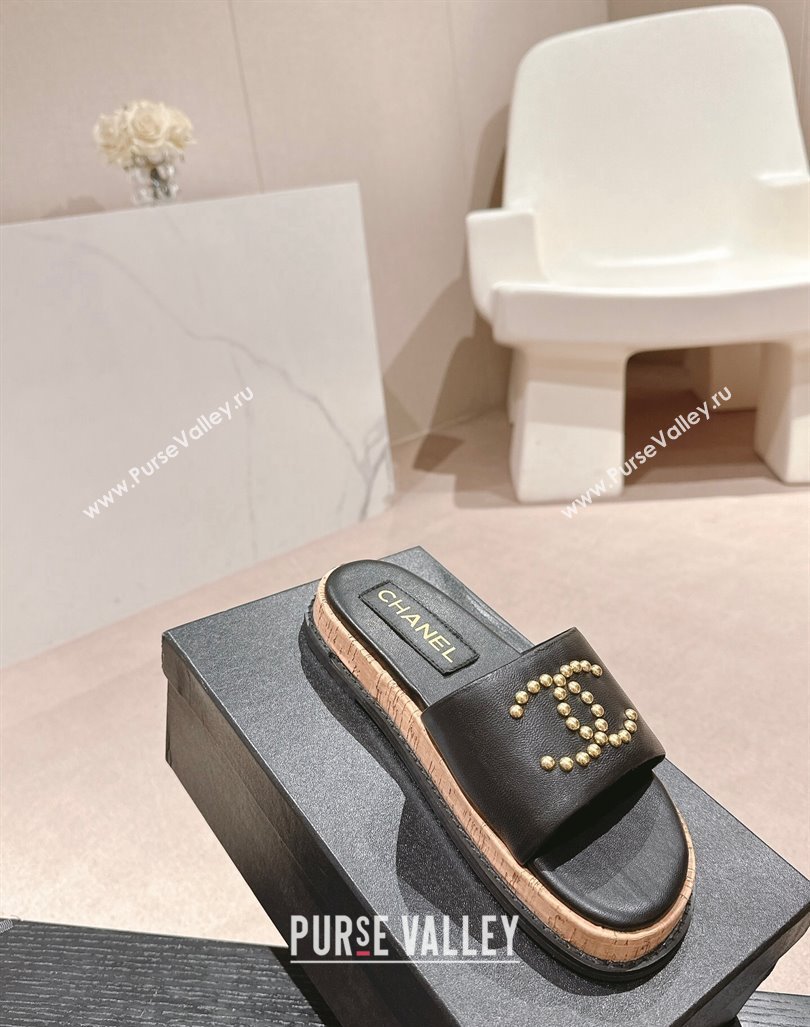 Chanel Calfskin Flat Slide Sandals with Studs CC Black 2024 0603 (MD-240603159)