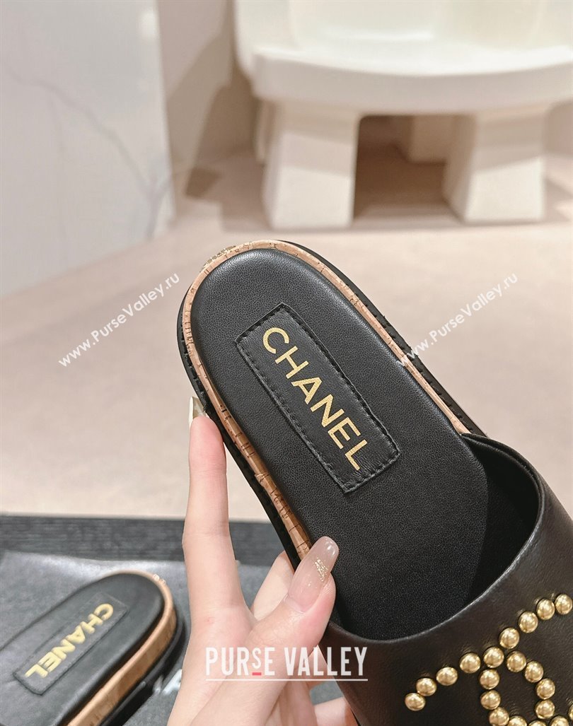 Chanel Calfskin Flat Slide Sandals with Studs CC Black 2024 0603 (MD-240603159)