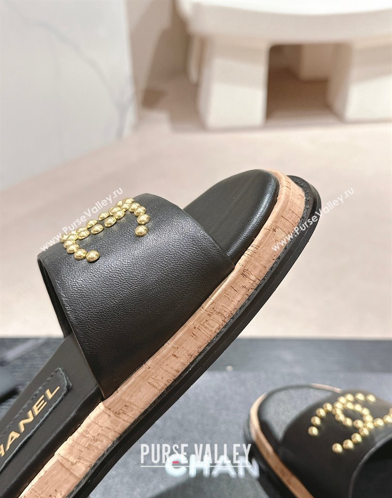 Chanel Calfskin Flat Slide Sandals with Studs CC Black 2024 0603 (MD-240603159)