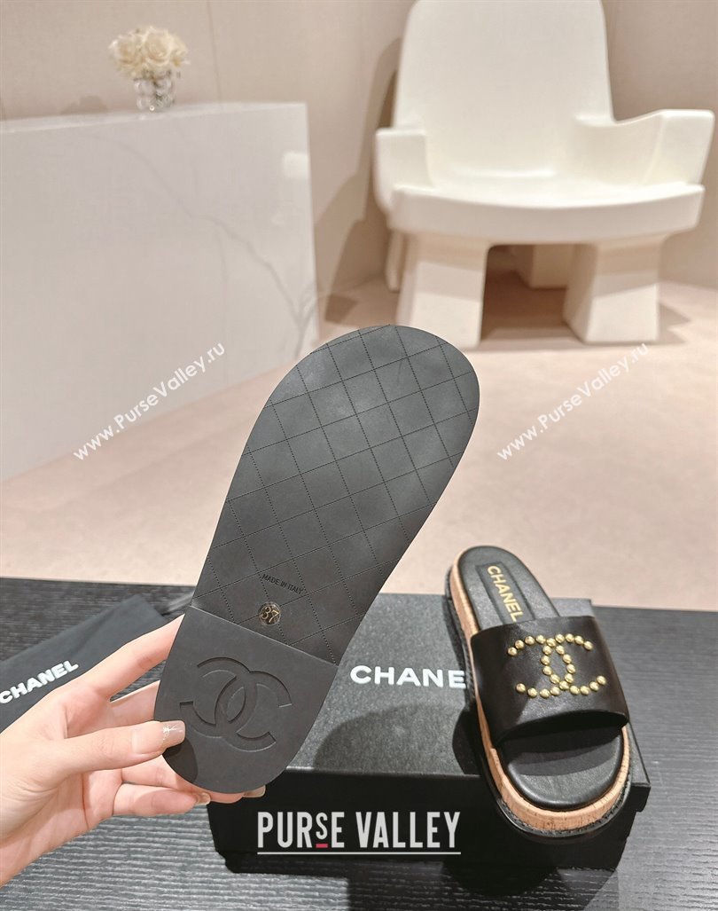 Chanel Calfskin Flat Slide Sandals with Studs CC Black 2024 0603 (MD-240603159)