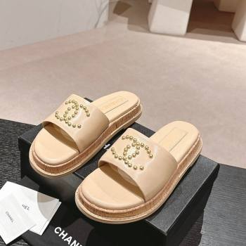 Chanel Calfskin Flat Slide Sandals with Studs CC Beige 2024 0603 (MD-240603160)