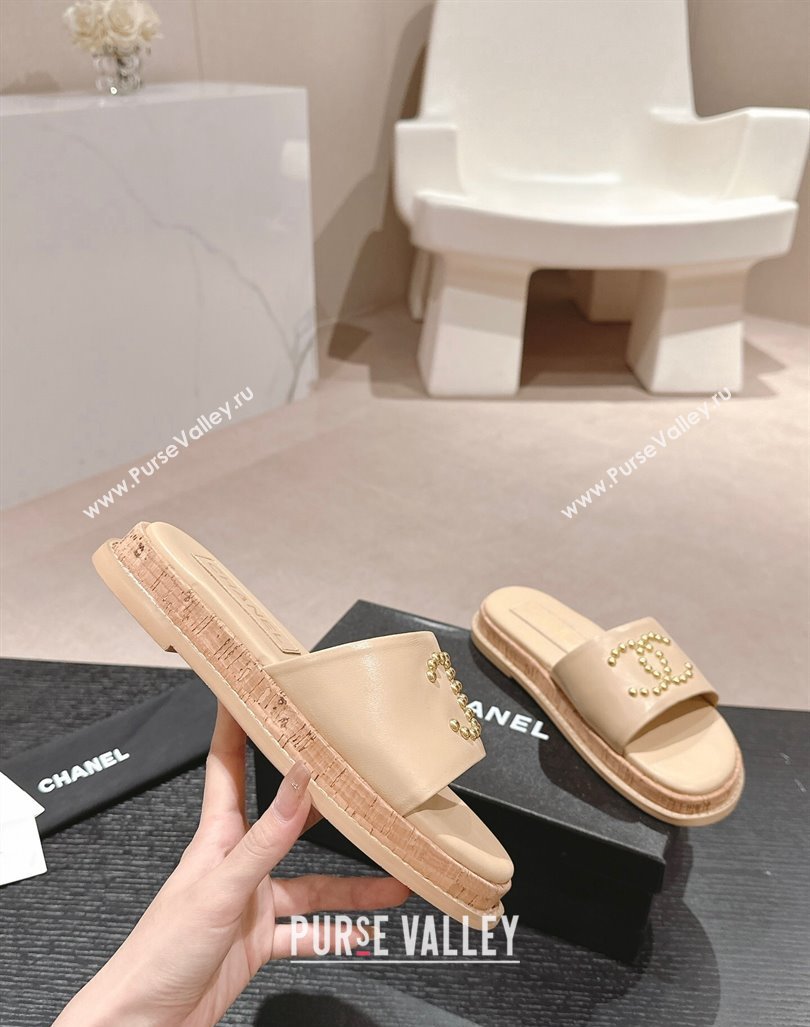 Chanel Calfskin Flat Slide Sandals with Studs CC Beige 2024 0603 (MD-240603160)