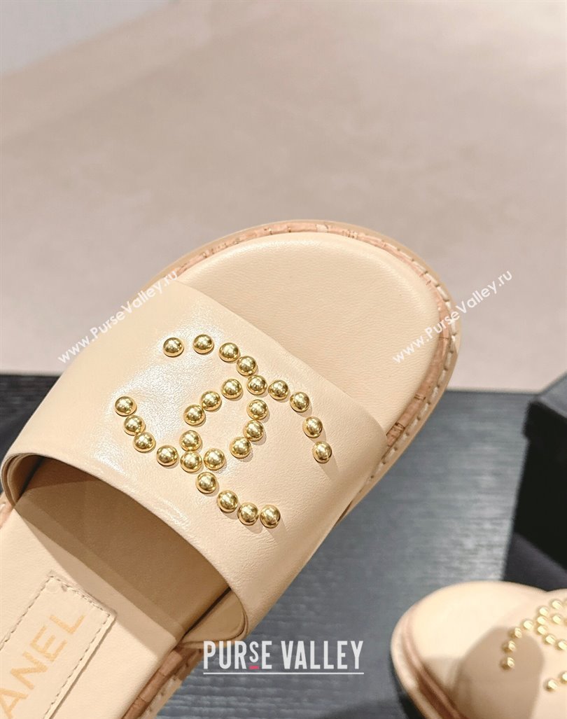 Chanel Calfskin Flat Slide Sandals with Studs CC Beige 2024 0603 (MD-240603160)