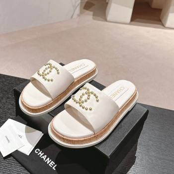 Chanel Calfskin Flat Slide Sandals with Studs CC White 2024 0603 (MD-240603161)