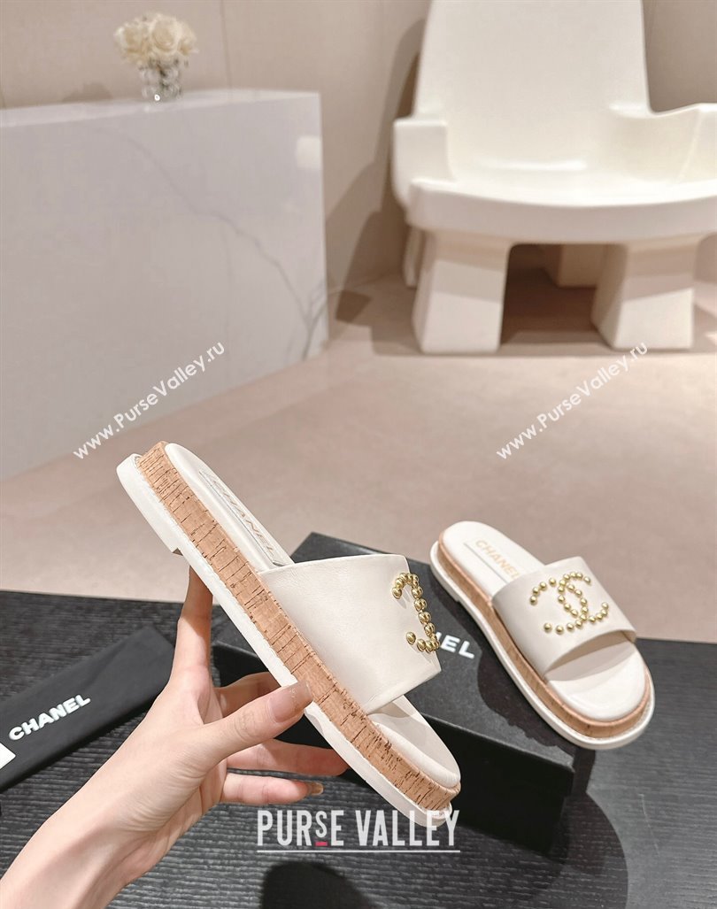 Chanel Calfskin Flat Slide Sandals with Studs CC White 2024 0603 (MD-240603161)