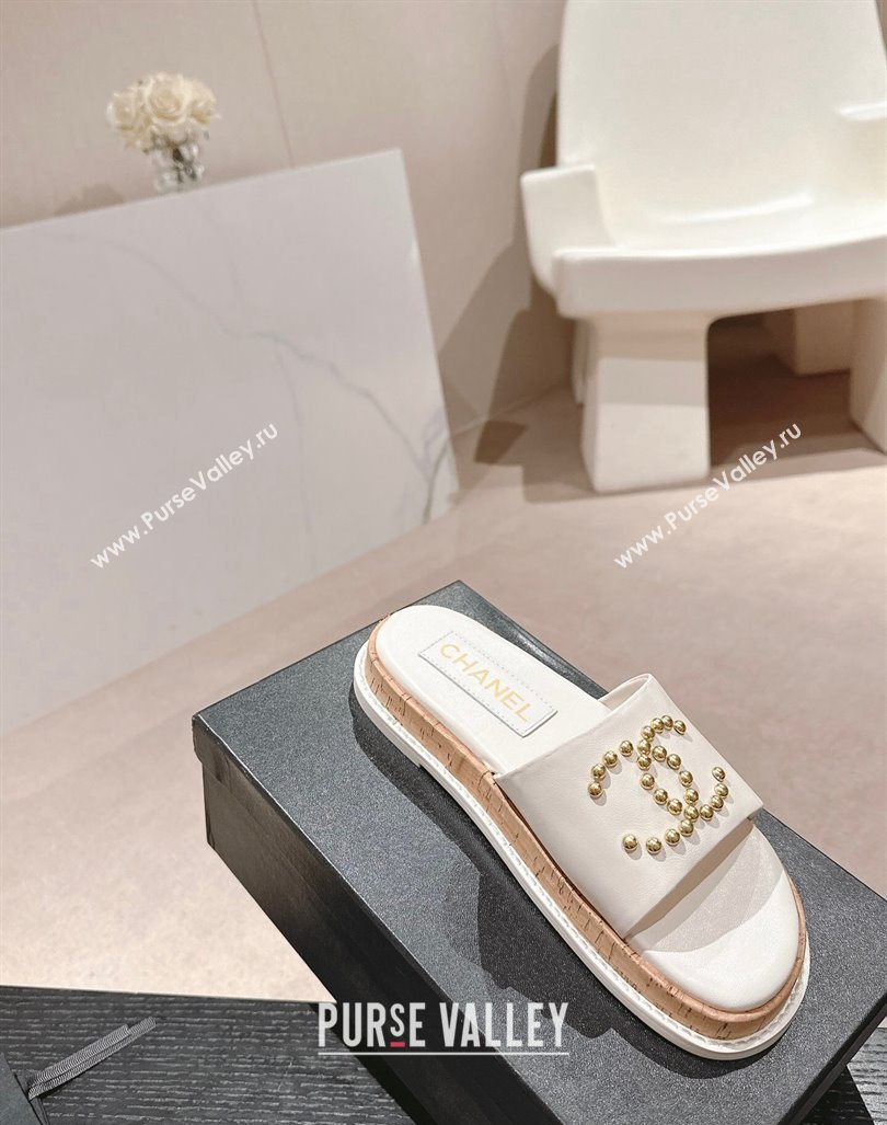 Chanel Calfskin Flat Slide Sandals with Studs CC White 2024 0603 (MD-240603161)