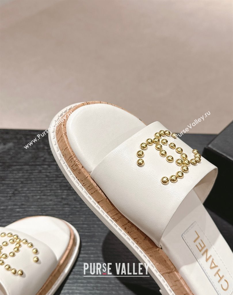 Chanel Calfskin Flat Slide Sandals with Studs CC White 2024 0603 (MD-240603161)