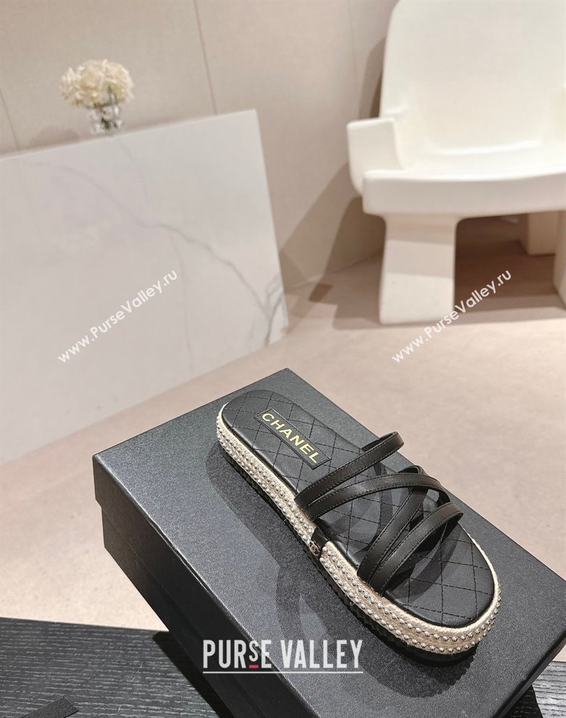 Chanel Calfskin Espadrille Flat Slide Sandals with Studs Chain Black 2024 (MD-240603021)