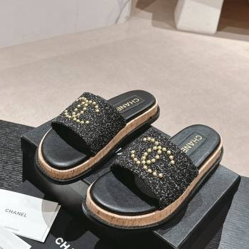 Chanel Tweed Flat Slide Sandals with Studs CC Black 2024 0603 (MD-240603162)