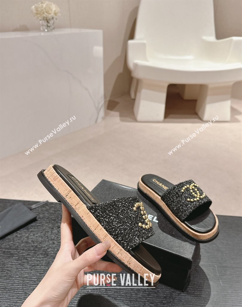 Chanel Tweed Flat Slide Sandals with Studs CC Black 2024 0603 (MD-240603162)