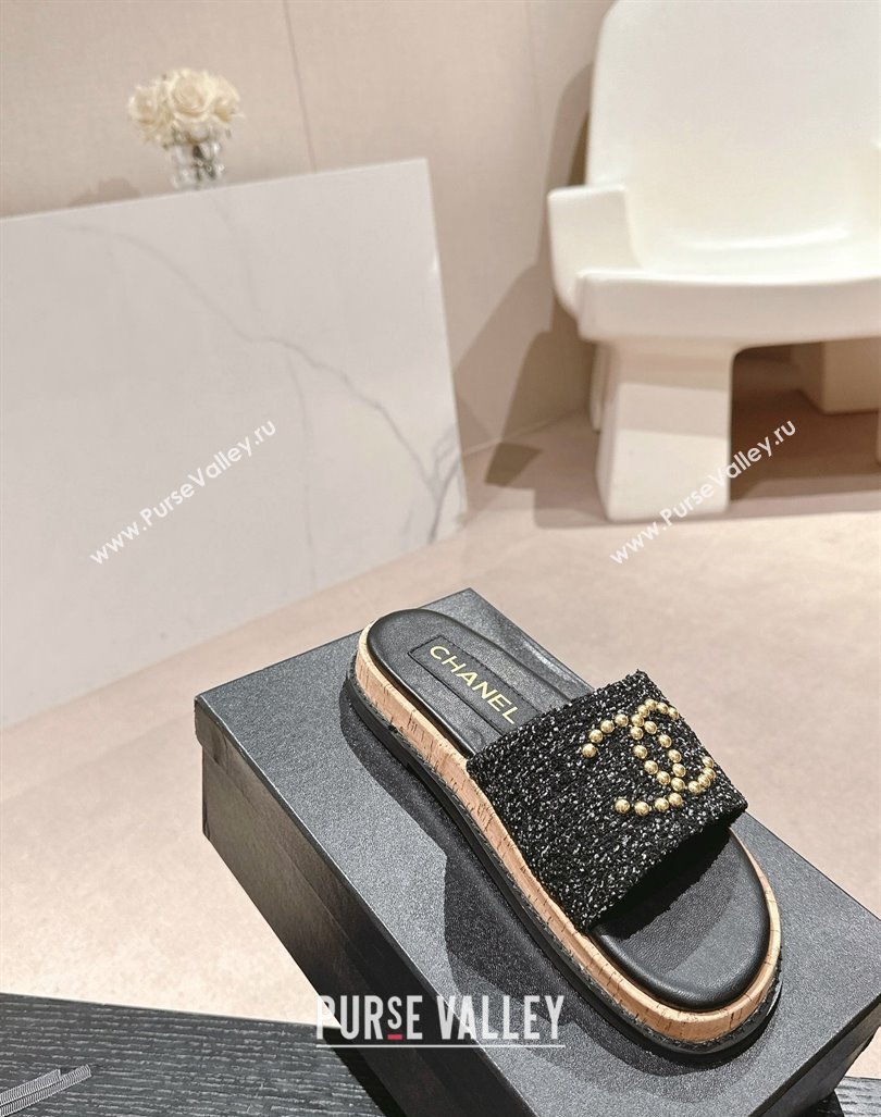 Chanel Tweed Flat Slide Sandals with Studs CC Black 2024 0603 (MD-240603162)