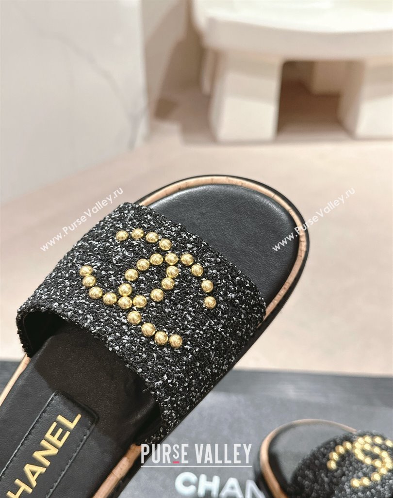 Chanel Tweed Flat Slide Sandals with Studs CC Black 2024 0603 (MD-240603162)