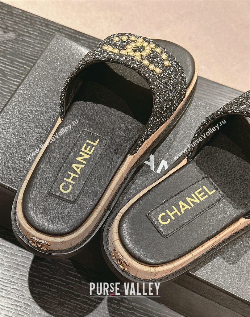 Chanel Tweed Flat Slide Sandals with Studs CC Black 2024 0603 (MD-240603162)