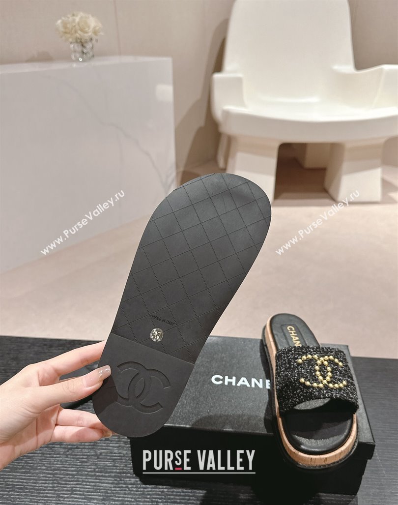 Chanel Tweed Flat Slide Sandals with Studs CC Black 2024 0603 (MD-240603162)