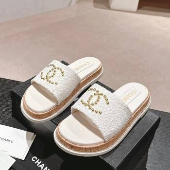 Chanel Tweed Flat Slide Sandals with Studs CC White 2024 0603 (MD-240603163)