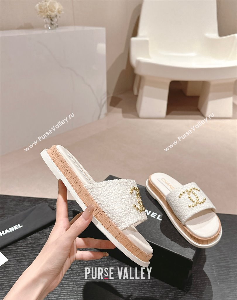 Chanel Tweed Flat Slide Sandals with Studs CC White 2024 0603 (MD-240603163)