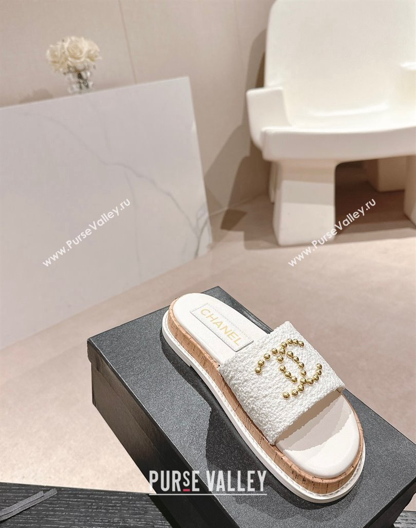 Chanel Tweed Flat Slide Sandals with Studs CC White 2024 0603 (MD-240603163)