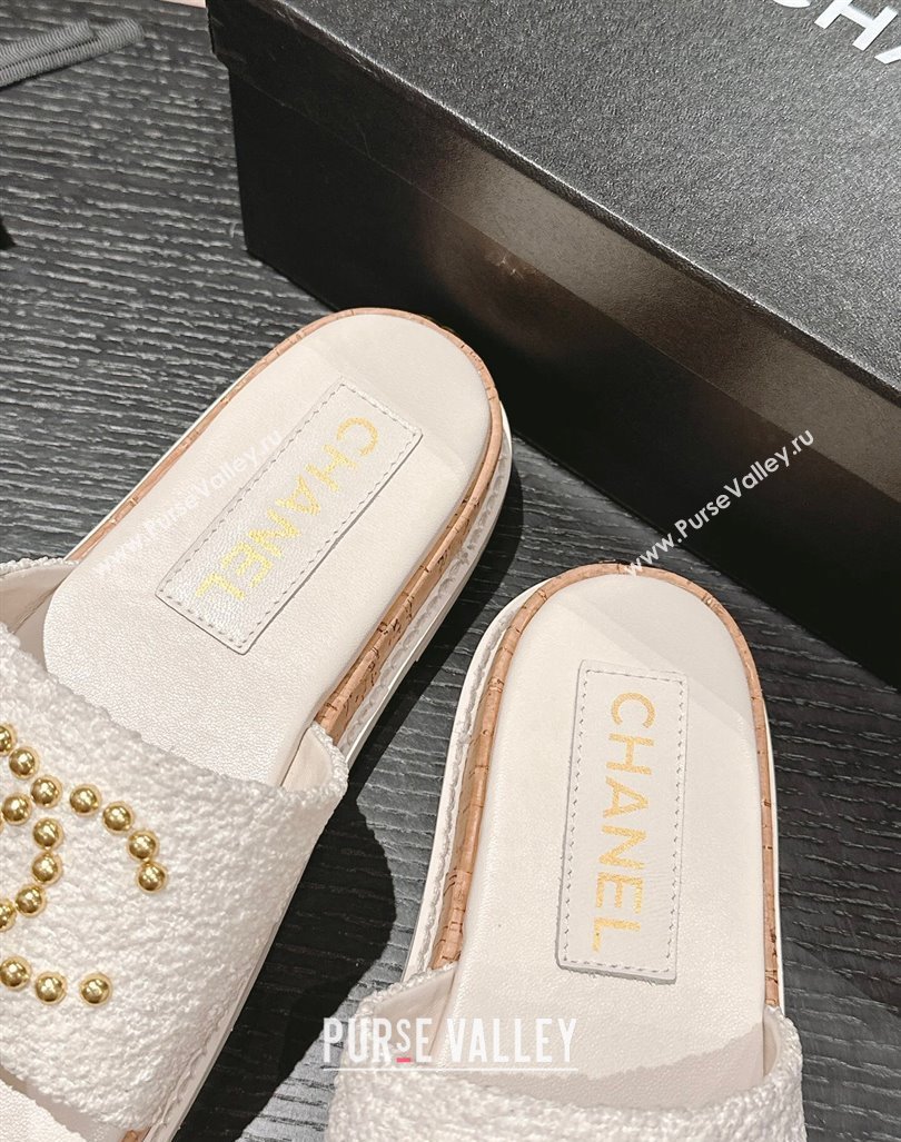 Chanel Tweed Flat Slide Sandals with Studs CC White 2024 0603 (MD-240603163)